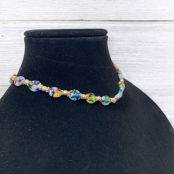 Millefiori Art Glass Necklace Multicolor Floral Design Gold Faux Pearl 15.5"L - Picture 4 of 4